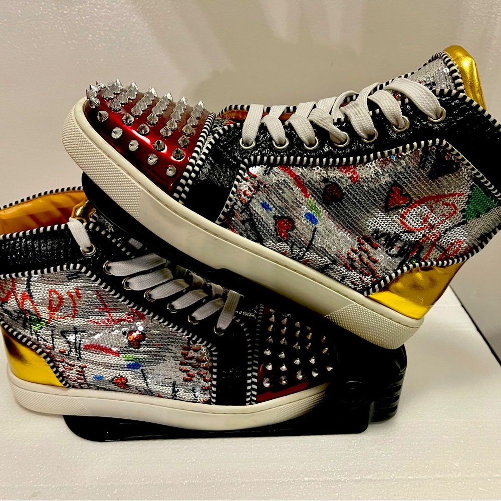 RARE Christian Louboutin Sneakers Shoes Silver Spikes Gold, Red EU 39 US 6-6.5
